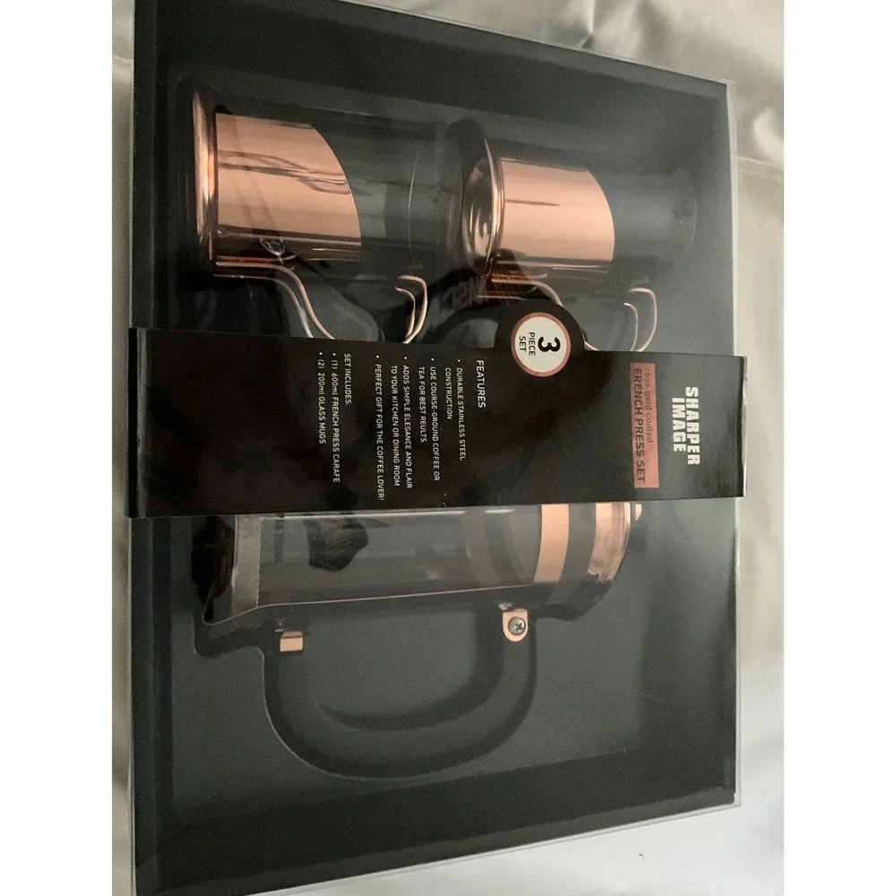 Sharper Image 3 Pc French Press Set Rose Gold Carafe 2 Mugs 600ml 18SG2015R